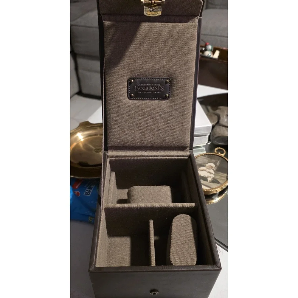 Jacob Jones Watch Jewelry Box Faux Leather Travel Organizer Brown 2 Compartments
